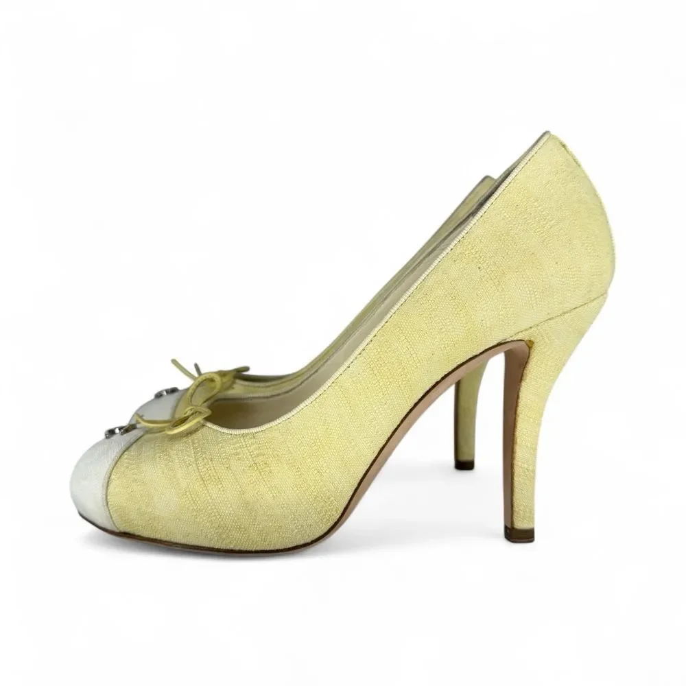 LIKE NEW CHANEL Cream and Yellow Linen Cap Toe Pumps IT37